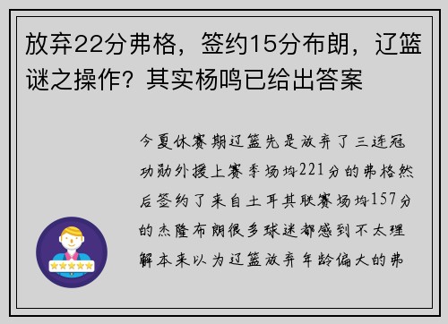 放弃22分弗格，签约15分布朗，辽篮谜之操作？其实杨鸣已给出答案